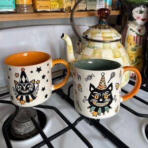 Pair of Vintage Style Halloween Black Cat Clown/Jester Mugs